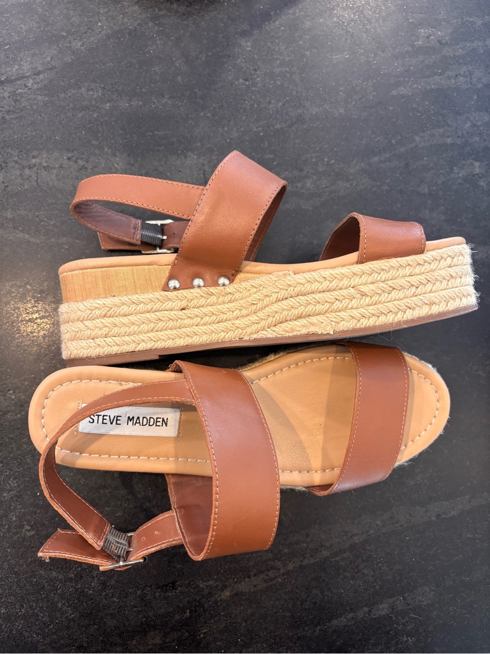 Steve Madden Fifer Leather Espadrille Platform Sandals - Cognac Brown - Size 8.5